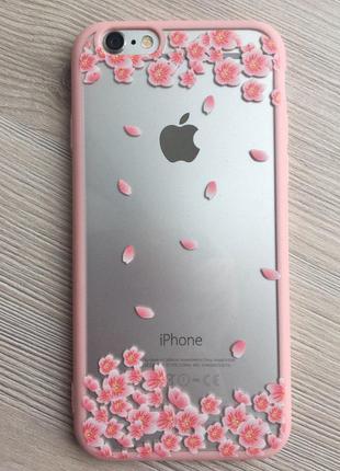 Чехол прозрачный цветы+розовый ободок силикон для IPhone 6/6S