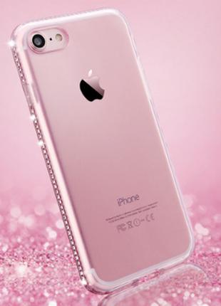 Силиконовый розовый чехол с камнями Сваровски для Iphone 7 8