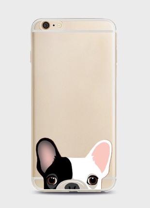 Силиконовый чехол мопс для iphone 6/6S черный с белым ухом