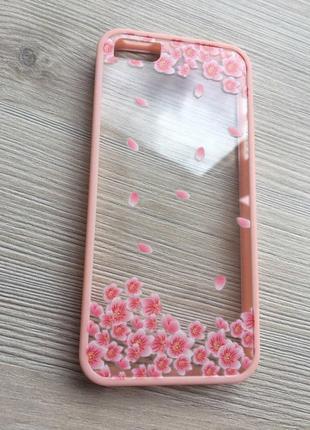 Чехол прозрачный цветы+розовый ободок силикон для IPhone 5/5S