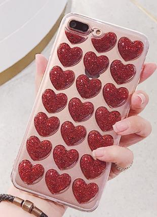 Прозрачный чехол для iphone 6/6S с красными сердцами и блесточ...