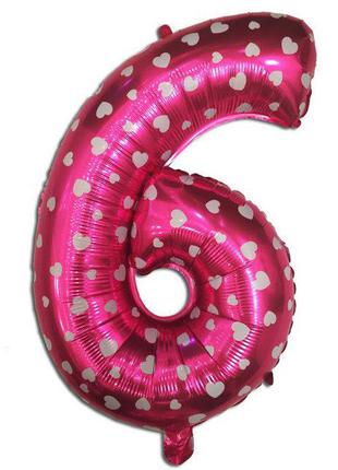 Цифра шар 6 фольгированная  розовая с сердечками , 77 х 50  см.