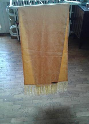 Шелковый жаккардовый палантин шарф шаль желтого цвета 100% шел...