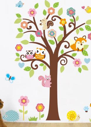 Наклейка на стіну в дитячу «дерево з совами та лисичкою»