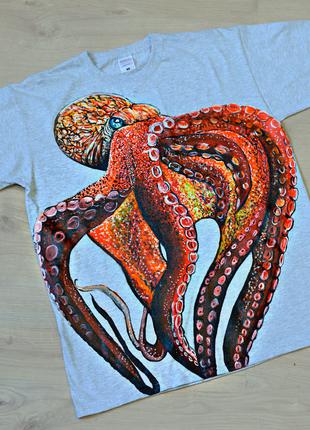 Мужская футболка с ручной росписью, рисунок осьминога