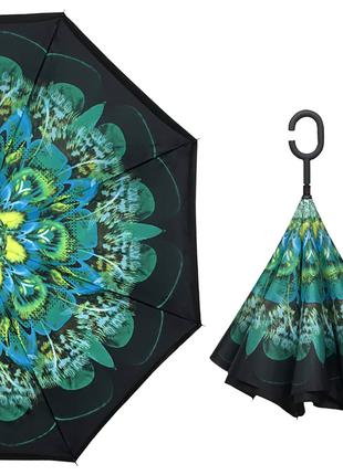 Зонт обратного сложения Up-Brella Зелёный Павлин с рисунком см...