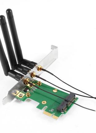 HEXIN Адаптер PCI-E 1x mini PCIE Wi-Fi MIMO 3 антени SMA/RP-SM...