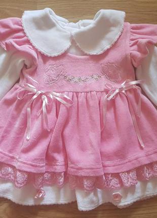 Платье детское нарядное 80 см теплое вильвет, розовое турция