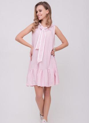 Летнее розовое платье в полоску, с воланом