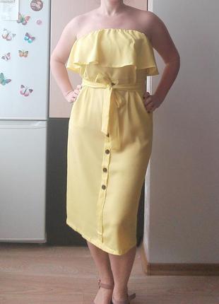 Желтое летнее платье без рукавов, ниже колена, миди, р.l