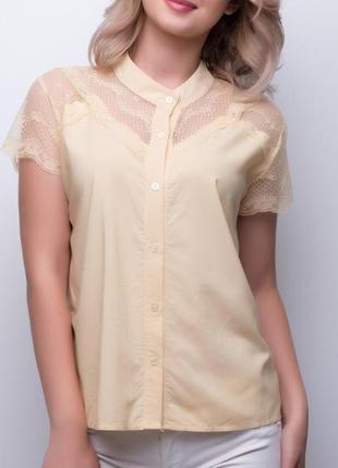 Летняя желтая блуза с гипюровым верхом, m-l