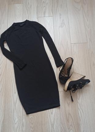 Черное обтягивающее платье с рукавами сеткой, XS-S