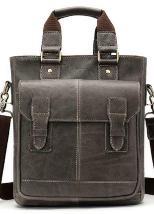 Вертикальная мужская кожаная сумка Vintage 14818 Серая, Серый