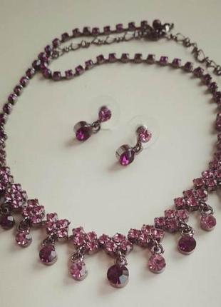 Набор украшений нарядный, серьги  и ожерелье, фиолетовые камни