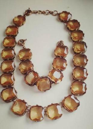 Стильное ожерелье и браслет, большие коричневые камни