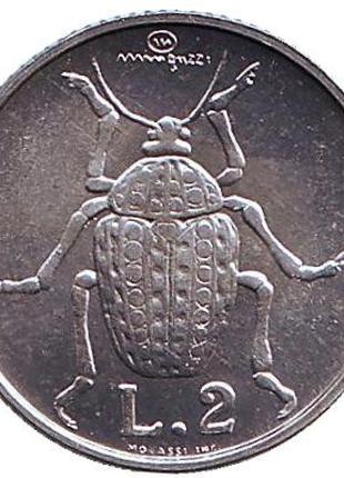 Жук. Монета 2 лиры. 1974 год, Сан-Марино. UNC