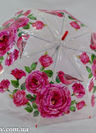 Прозрачный зонтик трость с цветочным принтом и карбоновой спиц...