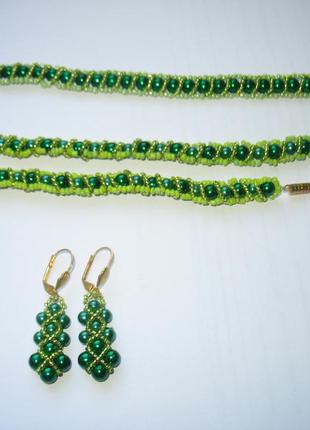 Зеленый жемчужный комплект: браслет, колье-цепочка и серьги