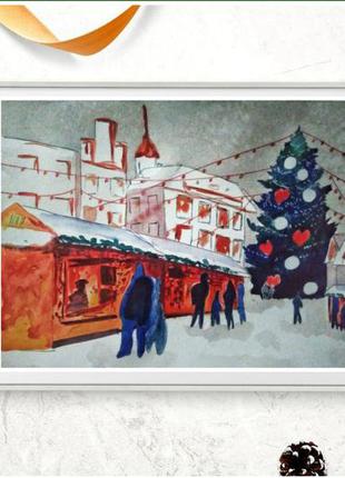 Новогодняя зимняя картина акварель "ярмарка в таллине" можно о...