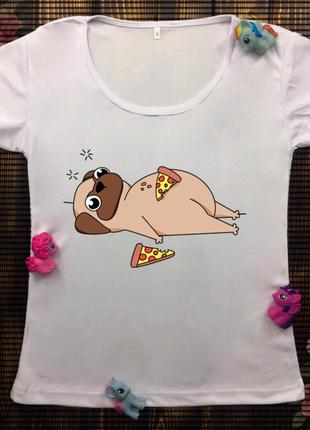 Женская футболка с принтом - мопс с пиццей