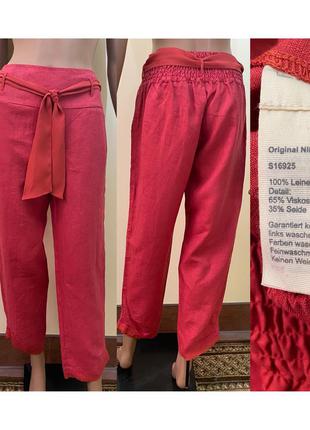 Красные льняно-вискозные штаны с шелковым ремнем
