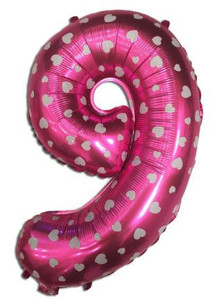 Шар цифра 9 фольгированная розовая с сердечками , 77 х 50 см.