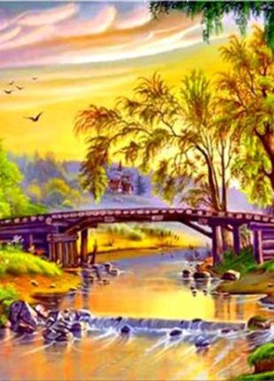 Алмазная вышивка "Мост в тропиках ",здания,мост,река,полная вы...
