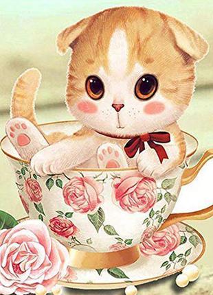 Алмазна вишивка " Миле кошеня" кішка, квіти, райдужний, чашка,...