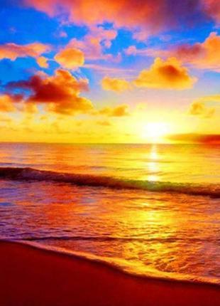 Алмазная вышивка "Восход солнца на берегу",облака, море,берег,...