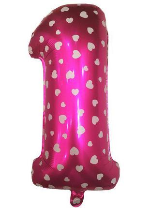 Цифра шар 1 фольгированная розовая с сердечками , 35 см.