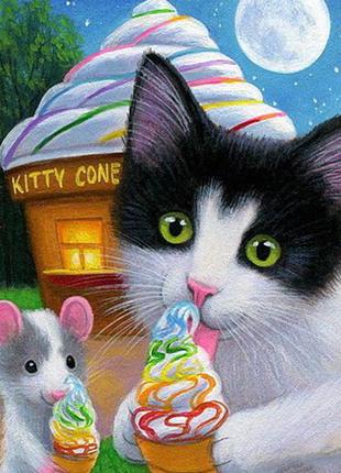 Алмазная вышивка" Кот и мышь — лучшие друзья" цветы,играет,мал...