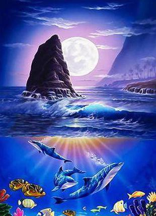 Алмазная вышивка "Дельфины и луна", море, закат, прибой, полна...