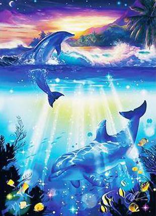 Алмазная вышивка "Дельфины и рассвет", море, закат, прибой, по...