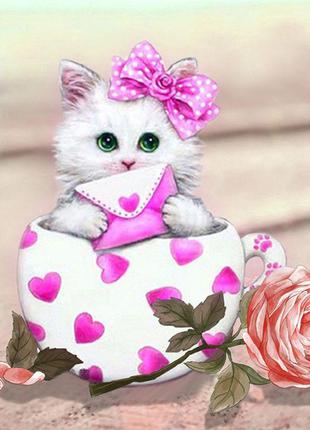 Алмазная вышивка" Милый Котенок" кошка, чашка,стол, цветы,раду...