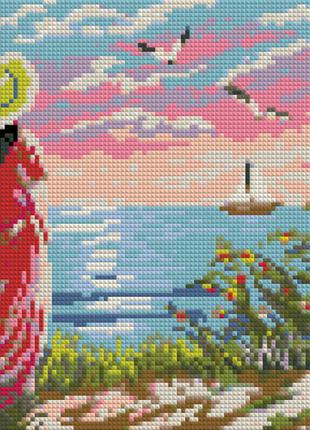 Алмазна вишивка "Дівчина біля моря" пляж, чайки, берег, корабе...