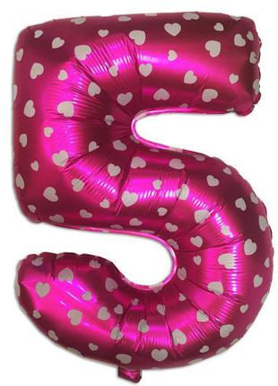 Цифра шар 5 фольгированная розовая с сердечками , 35 см.