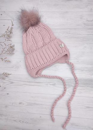 Зимняя шапочка розовая пудра шапка на флисовом утеплении