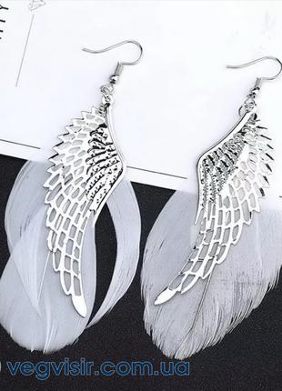 Изысканные серьги крылья ангела и перо перья сережки металличе...