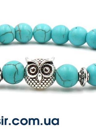 Стильный браслет из шунгита с подвеской Сова OWL голубого цвет...