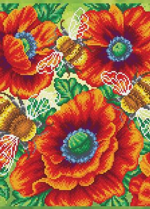 Ткань с печатью для вышивки бисером "Шмели в цветочном саду"