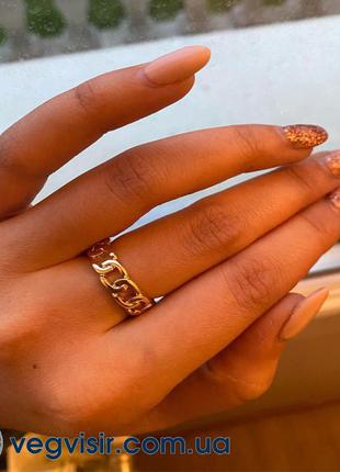 Кольцо женское в форме цепи 7 мм с золотым покрытием регулируе...