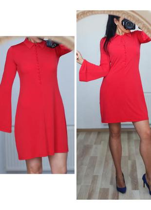 Красное платье рубашка винтожном стиле миди платье расклешенны...