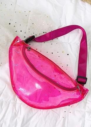 Женская летняя прозрачная бананка "ЛЕТО" поясная сумка розовая