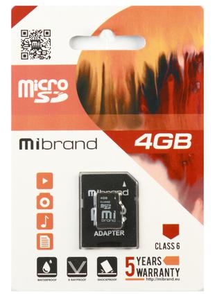 Карта памяти microSDHC Mibrand 4 Гб С 6 + SD адаптер (MICDC6 /...