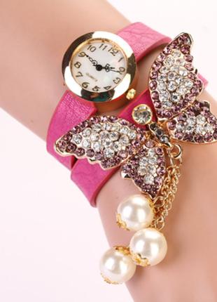Женские часы с бабочкой, розовые со стразами