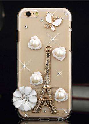 Чехол iphone 6 со стразами, Эйфелева башня и цветы из камней