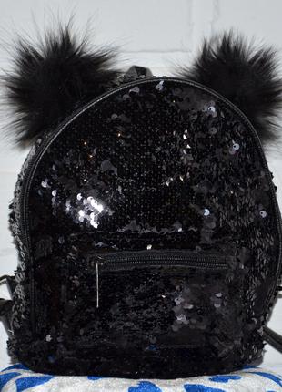 Чорний жіночий рюкзак, з двосторонньою паєткою, жіночий рюкзач...