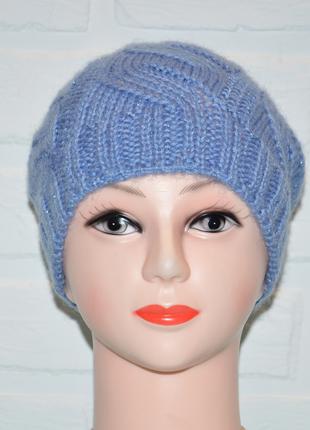 Голубая женская шапка, красивая вязка коса, шерсть, ручная работа