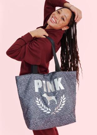 Большая вместительная сумка шопер pink с серебряной надписью💕v...