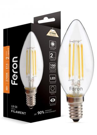 Світлодіодна лампа Feron LB-58 4W 2700K E14 свічка філамент